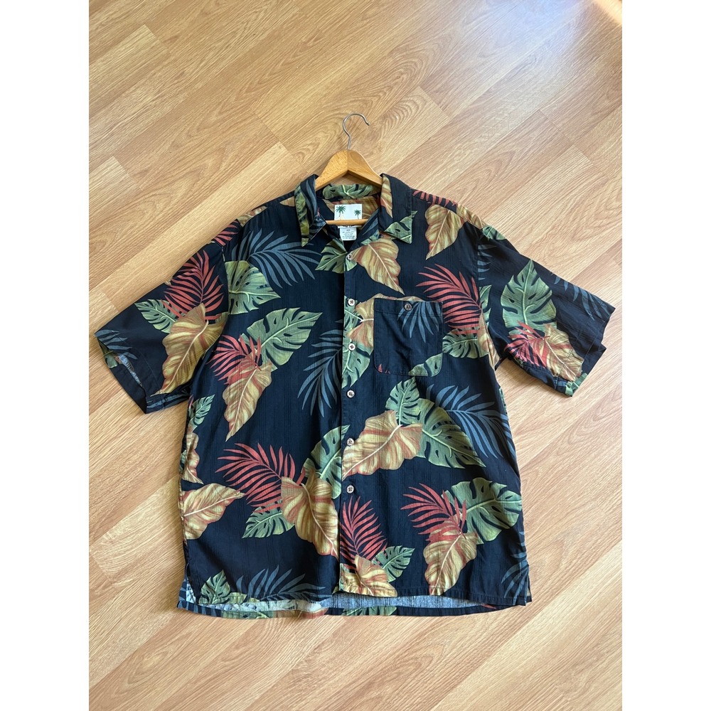 Banana Cabana Mens XL Washable Silk Tropical Hawaiian Shirt Black Floral Leaf XL